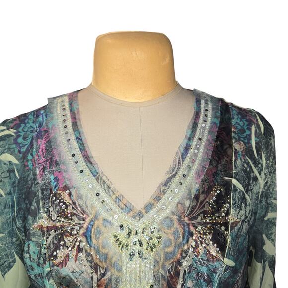 Dressbarn 1X Boho Tunic Top Sheer Embellished Earthy Flowy Blouse Lightweight - Picture 3 of 10